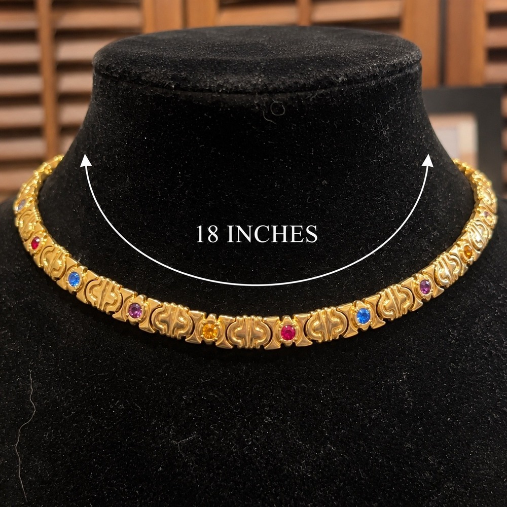 Vtg Multi Color Rhinestone Greek Key Collar Necklace Gold Tone 18" Statement
